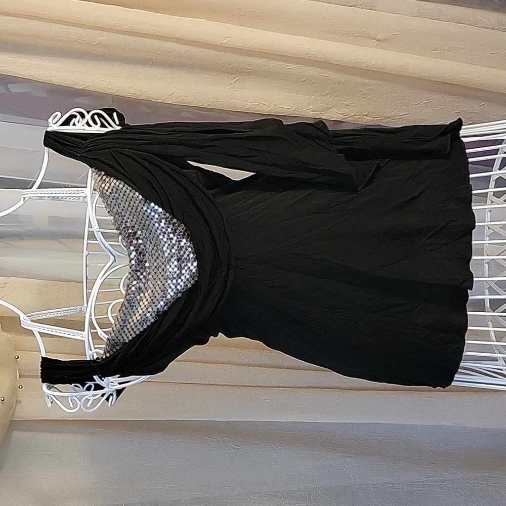bebe black dressy top w/draped silver metal detail, XS